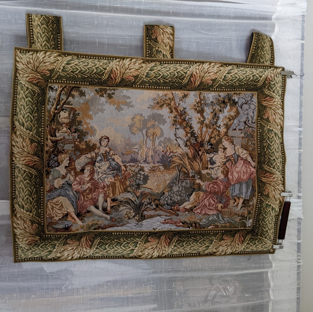 Large woven tapestry of rococo scene